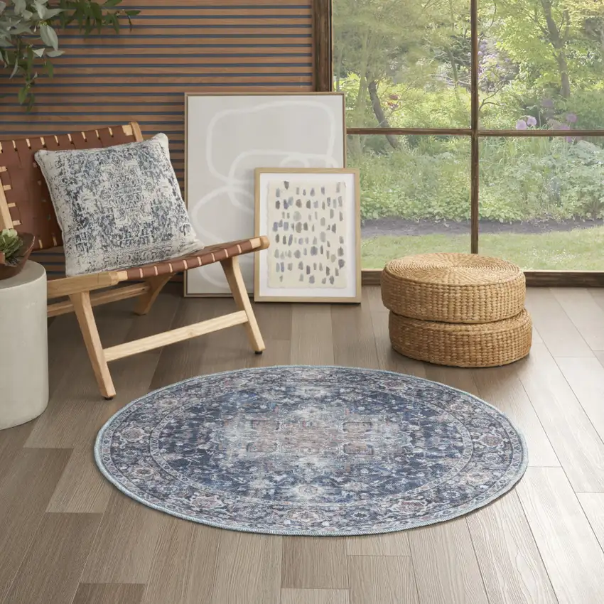 4' Blue Floral Power Loom Worn Faded Round Rug Photo 5