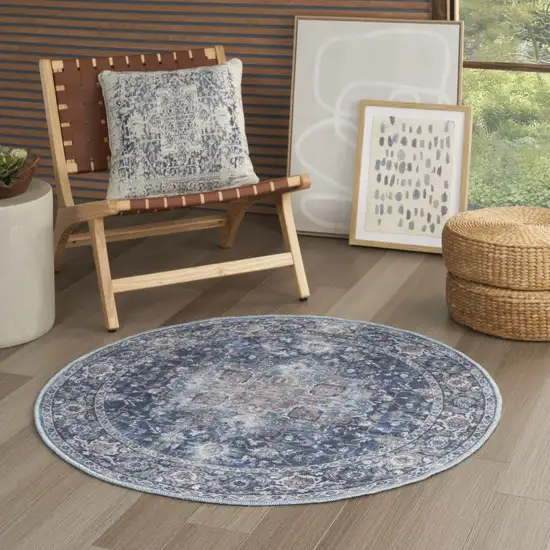 4' Blue Floral Power Loom Worn Faded Round Rug Photo 6