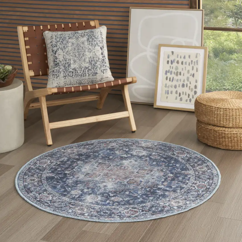 4' Blue Floral Power Loom Worn Faded Round Rug Photo 6