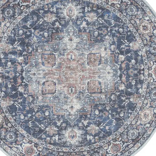 4' Blue Floral Power Loom Worn Faded Round Rug Photo 4