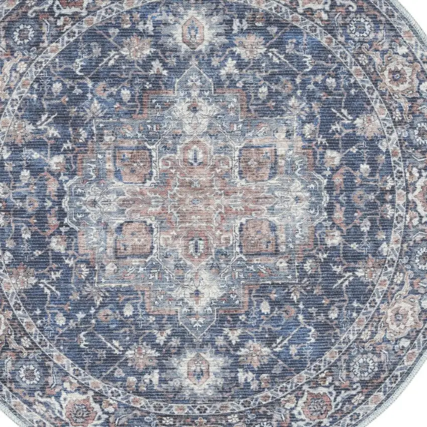4' Blue Floral Power Loom Worn Faded Round Rug Photo 4