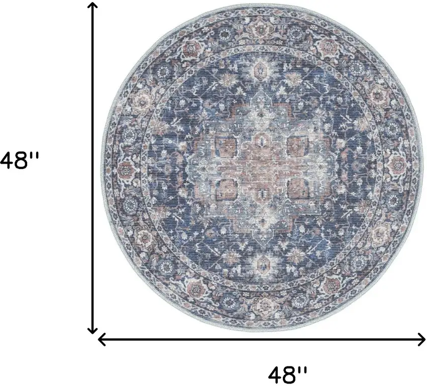 4' Blue Floral Power Loom Worn Faded Round Rug Photo 3