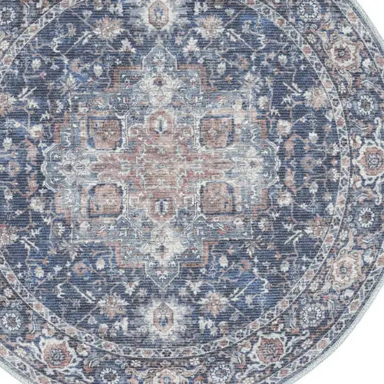 4' Blue Floral Power Loom Worn Faded Round Rug Photo 7