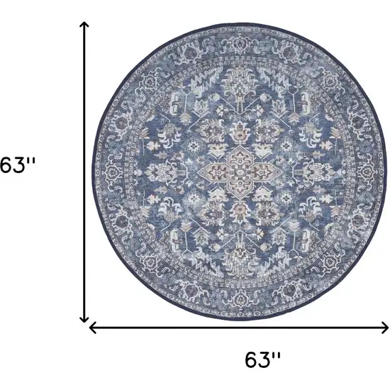 5' Blue Floral Power Loom Worn Faded Round Rug Photo 3