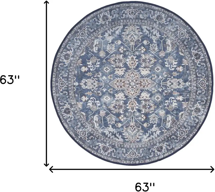 5' Blue Floral Power Loom Worn Faded Round Rug Photo 3