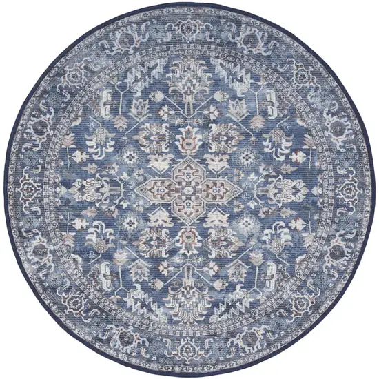 5' Blue Floral Power Loom Worn Faded Round Rug Photo 2