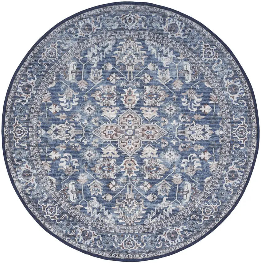 5' Blue Floral Power Loom Worn Faded Round Rug Photo 2