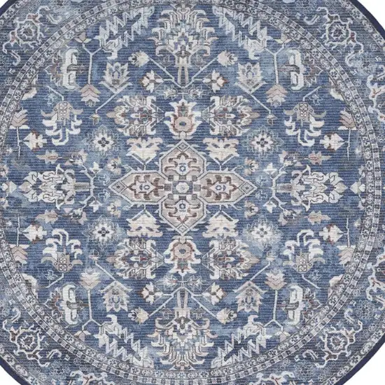 5' Blue Floral Power Loom Worn Faded Round Rug Photo 3