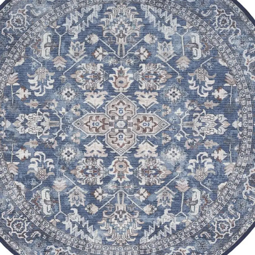 5' Blue Floral Power Loom Worn Faded Round Rug Photo 3