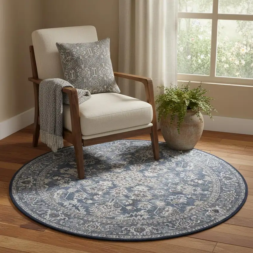 5' Blue Floral Power Loom Worn Faded Round Rug Photo 1