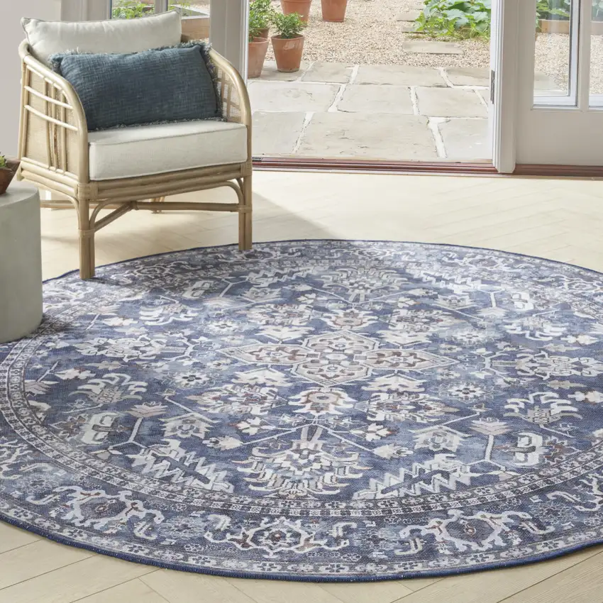 5' Blue Floral Power Loom Worn Faded Round Rug Photo 5