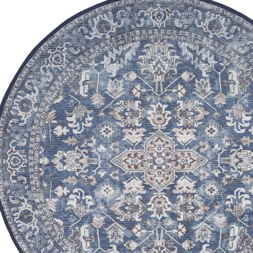 5' Blue Floral Power Loom Worn Faded Round Rug Photo 8