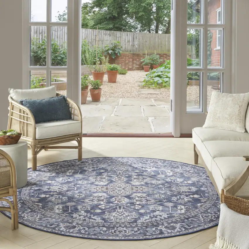 5' Blue Floral Power Loom Worn Faded Round Rug Photo 7