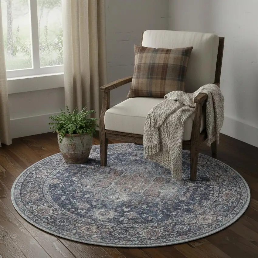 5' Blue Floral Power Loom Worn Faded Round Rug Photo 1