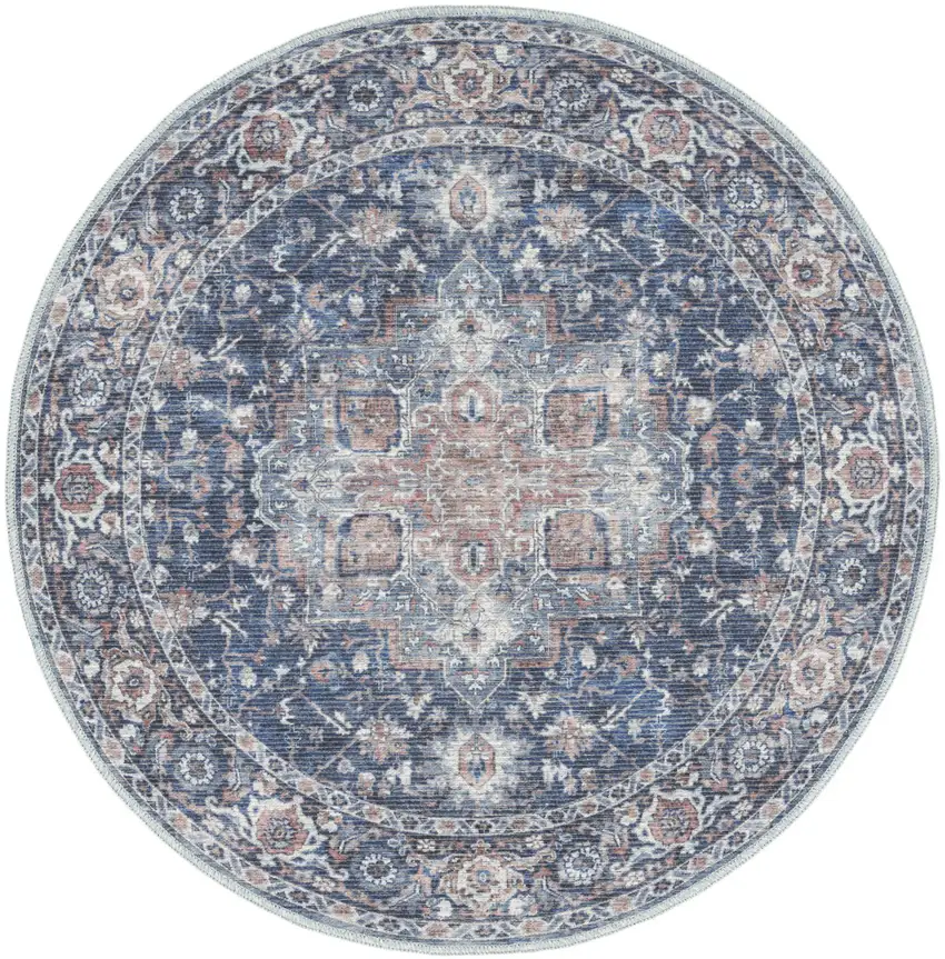 5' Blue Floral Power Loom Worn Faded Round Rug Photo 2