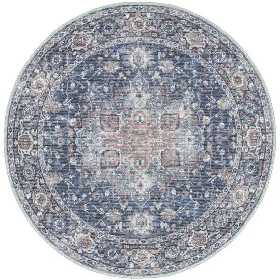 5' Blue Floral Power Loom Worn Faded Round Rug Photo 2
