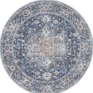 Photo of 5' Blue Floral Power Loom Worn Faded Round Rug