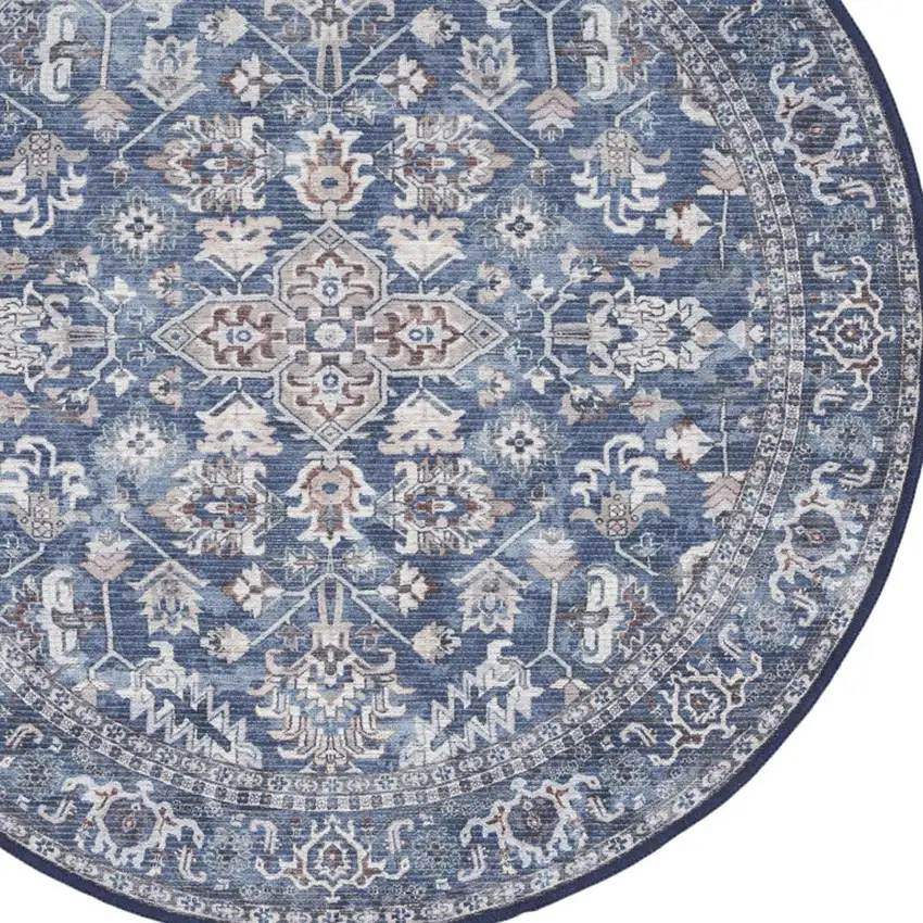 8' Blue Floral Power Loom Worn Faded Round Rug Photo 8