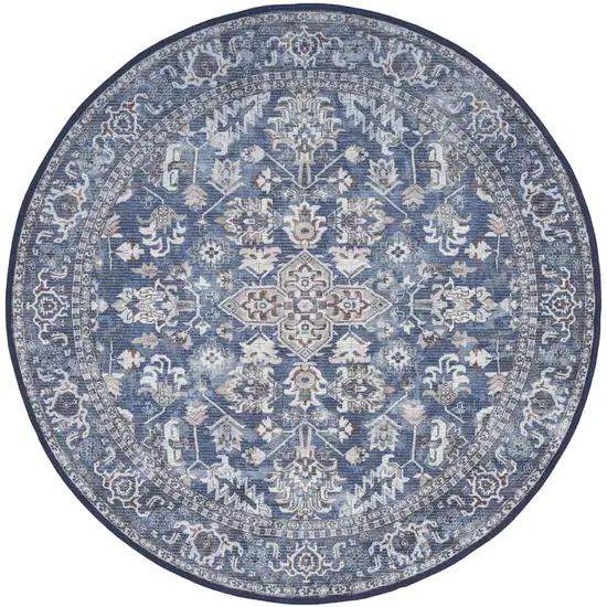 8' Blue Floral Power Loom Worn Faded Round Rug Photo 4
