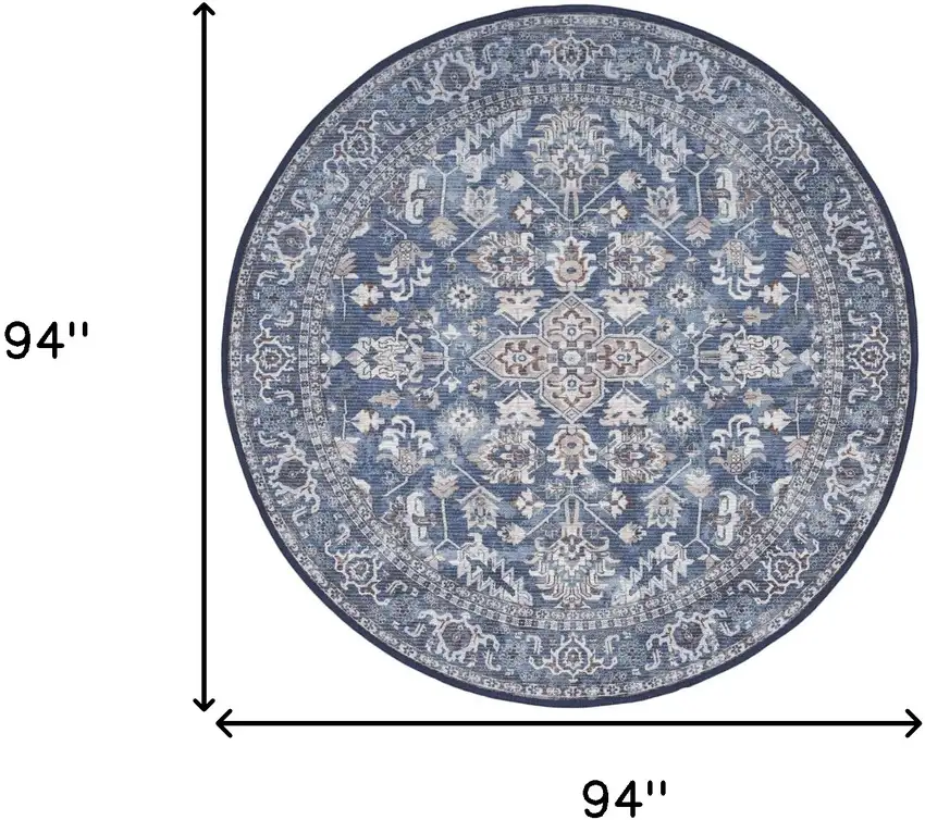 8' Blue Floral Power Loom Worn Faded Round Rug Photo 3