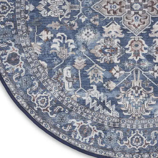 8' Blue Floral Power Loom Worn Faded Round Rug Photo 7