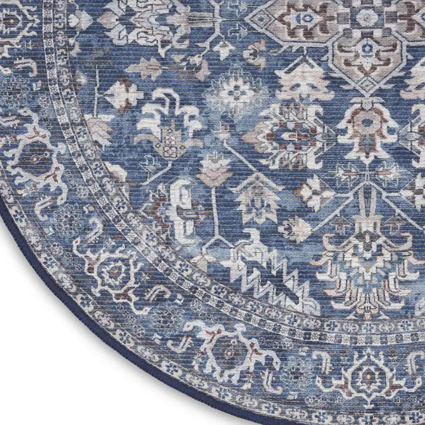 8' Blue Floral Power Loom Worn Faded Round Rug Photo 7