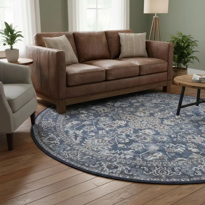 8' Blue Floral Power Loom Worn Faded Round Rug Photo 1