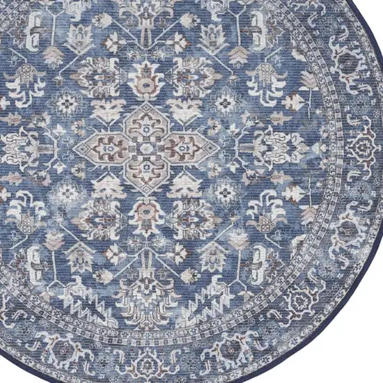 8' Blue Floral Power Loom Worn Faded Round Rug Photo 3