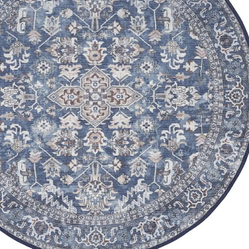 8' Blue Floral Power Loom Worn Faded Round Rug Photo 3