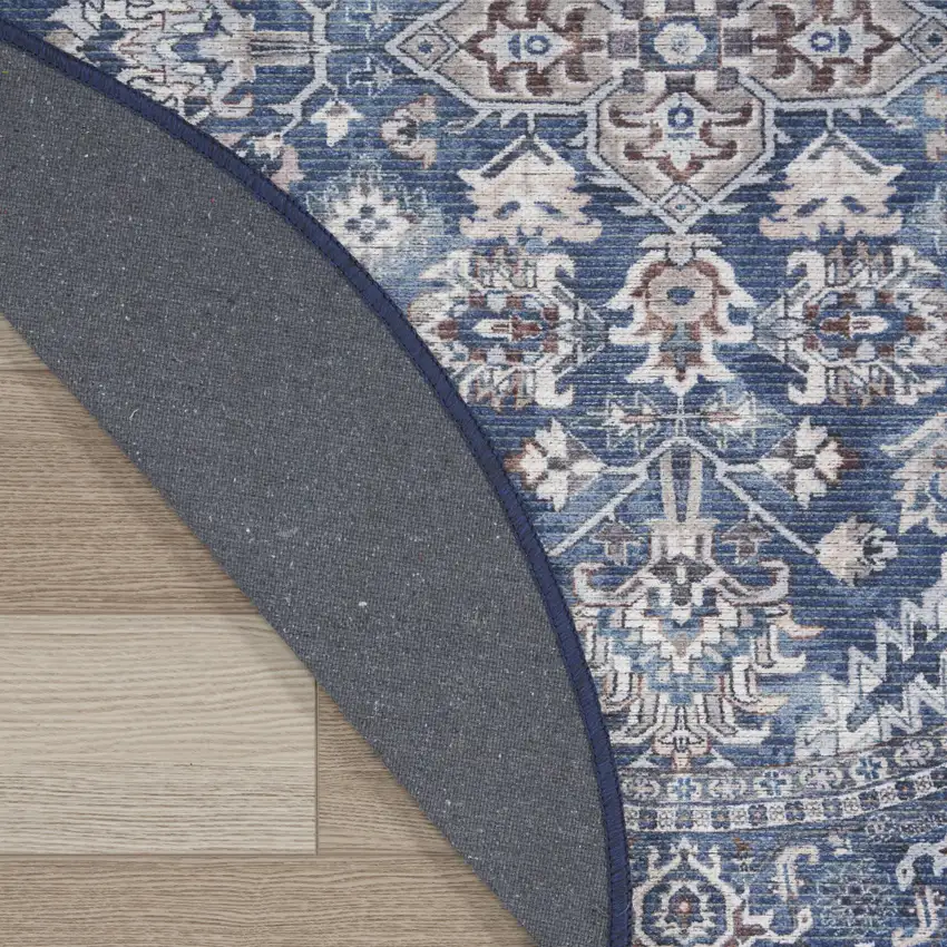 8' Blue Floral Power Loom Worn Faded Round Rug Photo 8