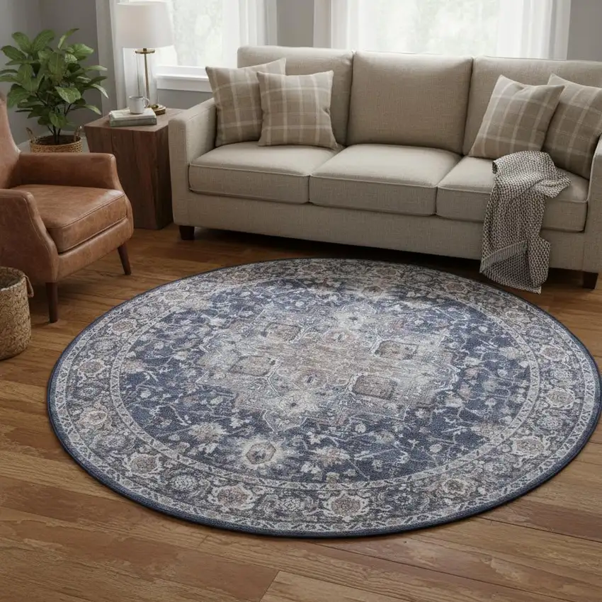 8' Blue Floral Power Loom Worn Faded Round Rug Photo 1