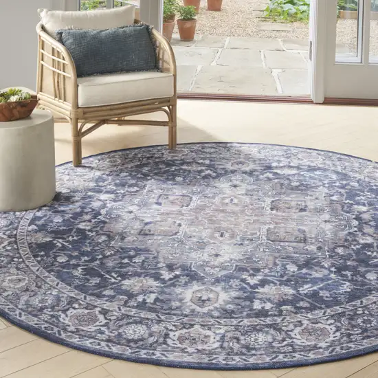 8' Blue Floral Power Loom Worn Faded Round Rug Photo 6