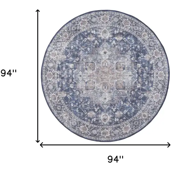 8' Blue Floral Power Loom Worn Faded Round Rug Photo 3