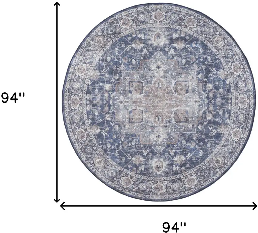 8' Blue Floral Power Loom Worn Faded Round Rug Photo 3