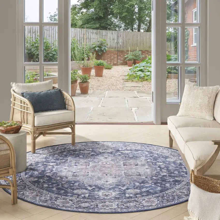 8' Blue Floral Power Loom Worn Faded Round Rug Photo 5