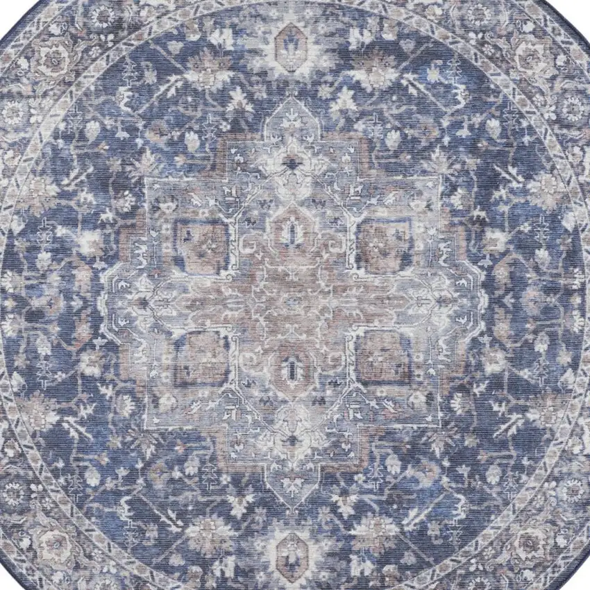 8' Blue Floral Power Loom Worn Faded Round Rug Photo 4