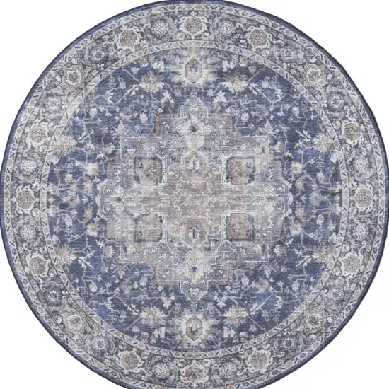 8' Blue Floral Power Loom Worn Faded Round Rug Photo 2