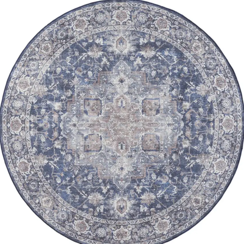 8' Blue Floral Power Loom Worn Faded Round Rug Photo 2