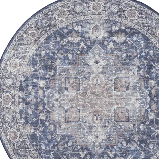 8' Blue Floral Power Loom Worn Faded Round Rug Photo 7