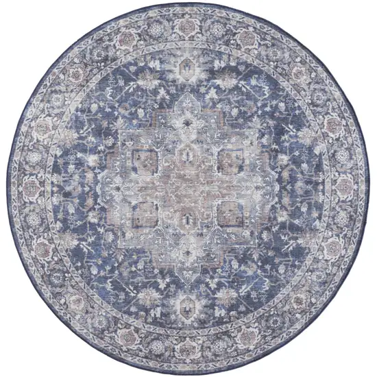 8' Blue Floral Power Loom Worn Faded Round Rug Photo 3