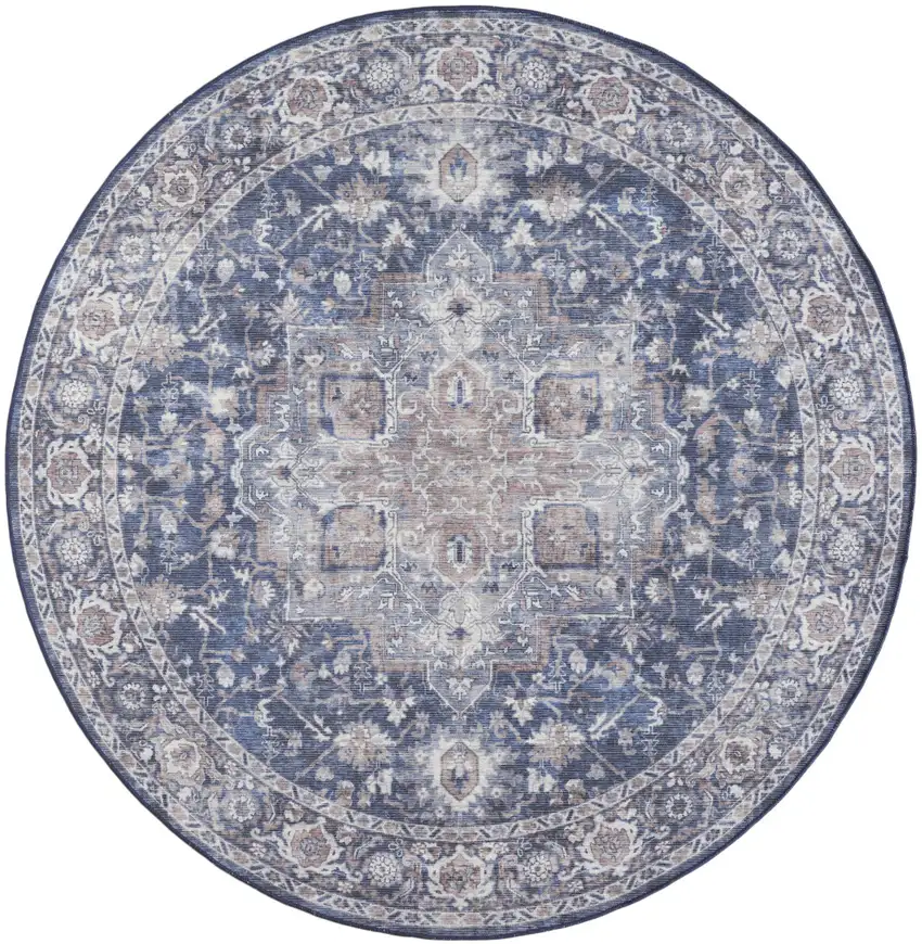 8' Blue Floral Power Loom Worn Faded Round Rug Photo 3