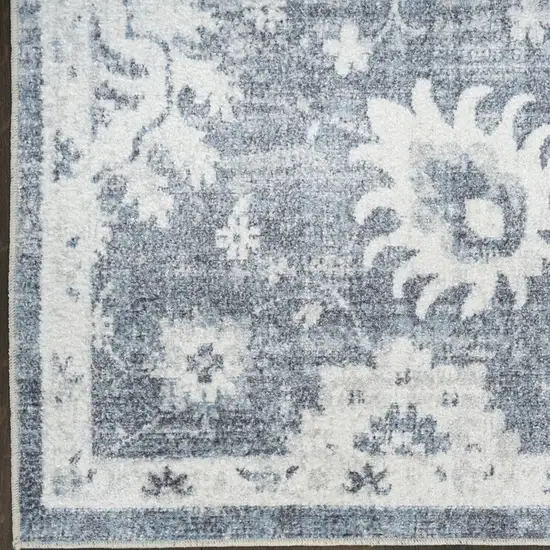 6' Blue Floral Power Loom Worn Faded Runner Rug Photo 9