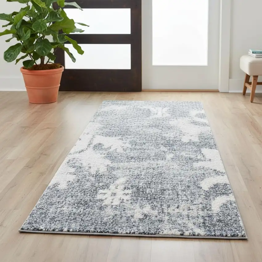 6' Blue Floral Power Loom Worn Faded Runner Rug Photo 1