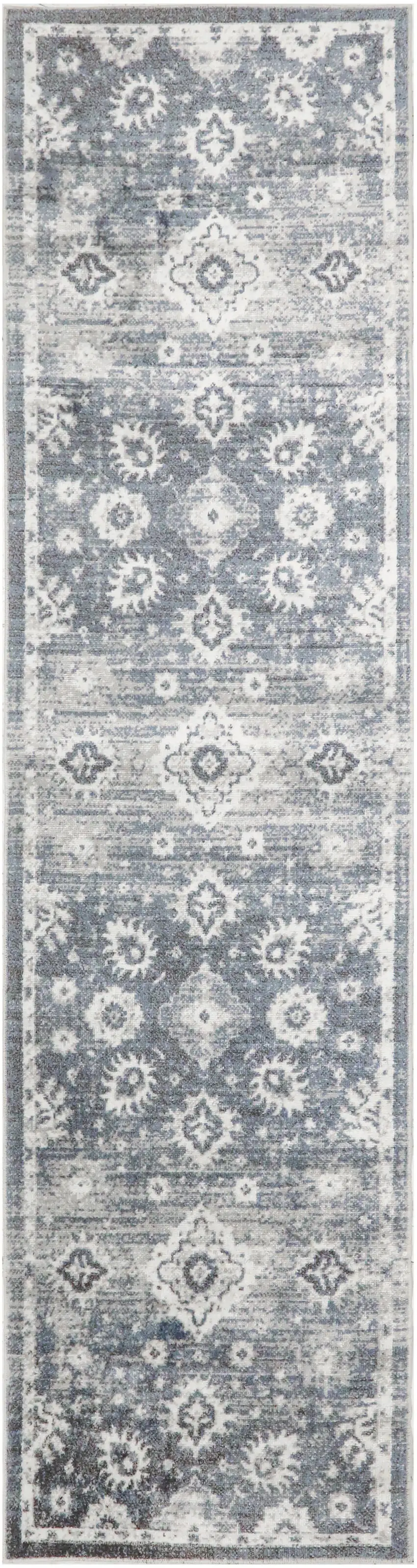 8' Blue Floral Power Loom Worn Faded Runner Rug Photo 8