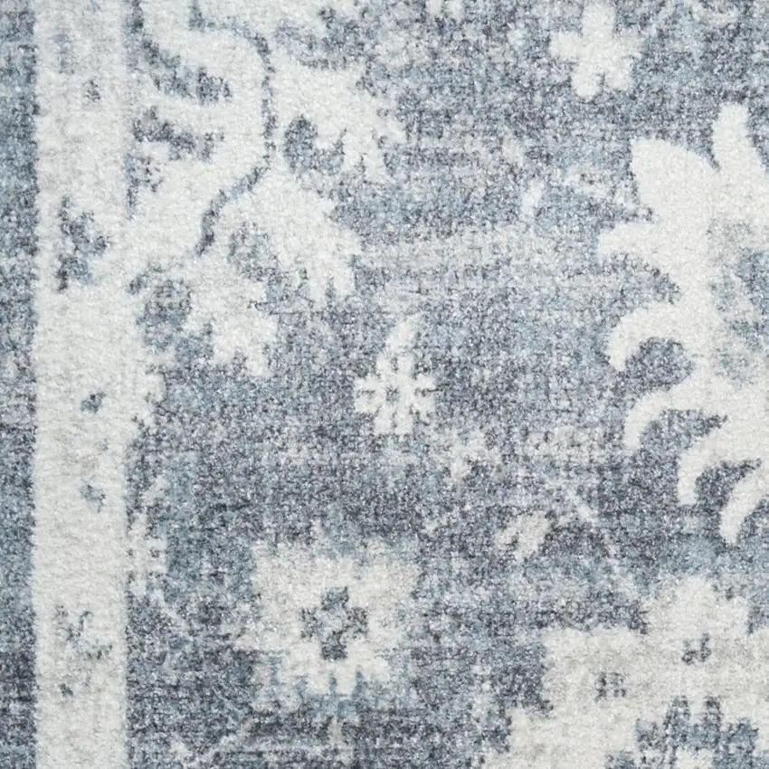 8' Blue Floral Power Loom Worn Faded Runner Rug Photo 9