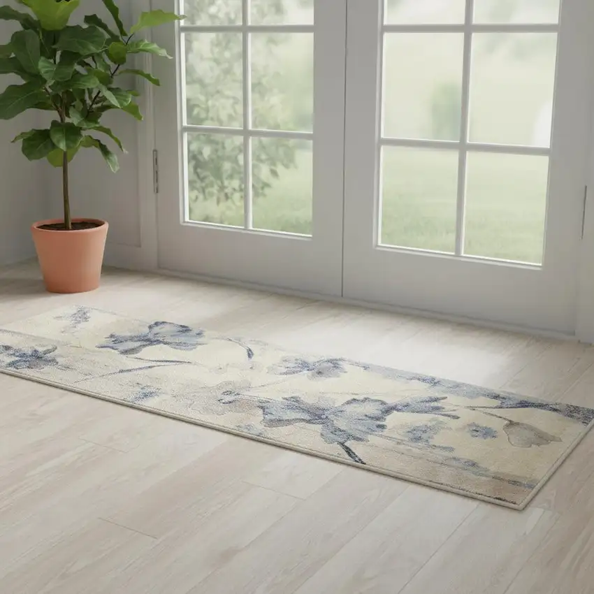 6' Blue Floral Runner Rug Photo 1