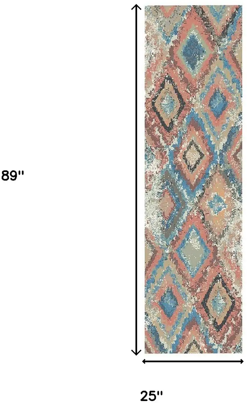 8' Blue Geometric Distressed Runner Rug With Fringe Photo 5