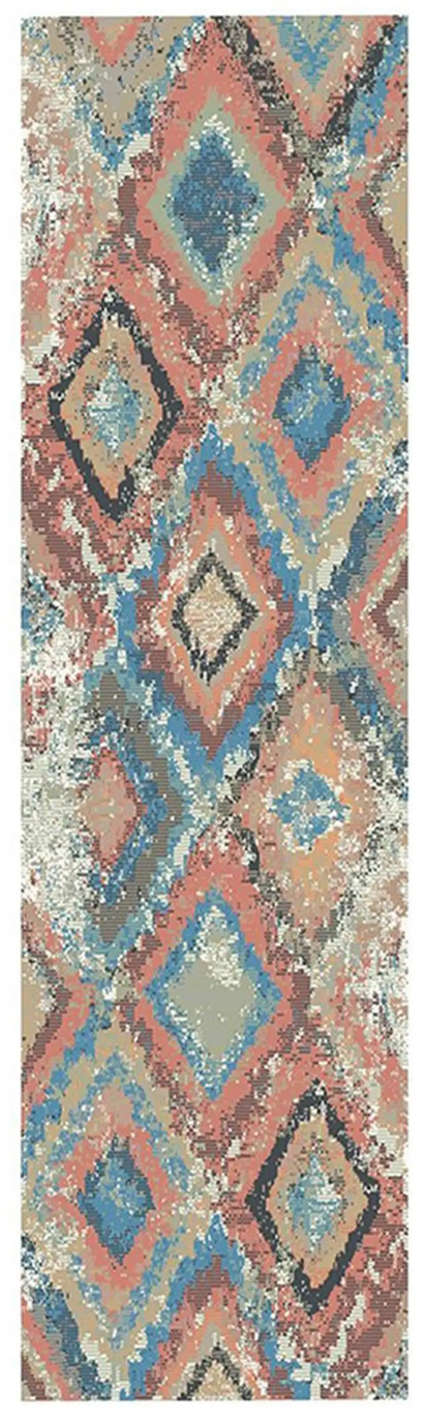 8' Blue Geometric Distressed Runner Rug With Fringe Photo 2