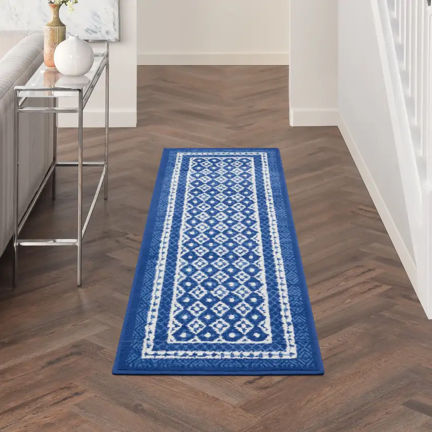 6' Blue Geometric Distressed Runner Rug Photo 4