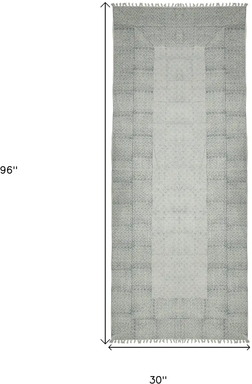 8' Blue Geometric Flatweave Handmade Distressed Runner Rug With Fringe Photo 6